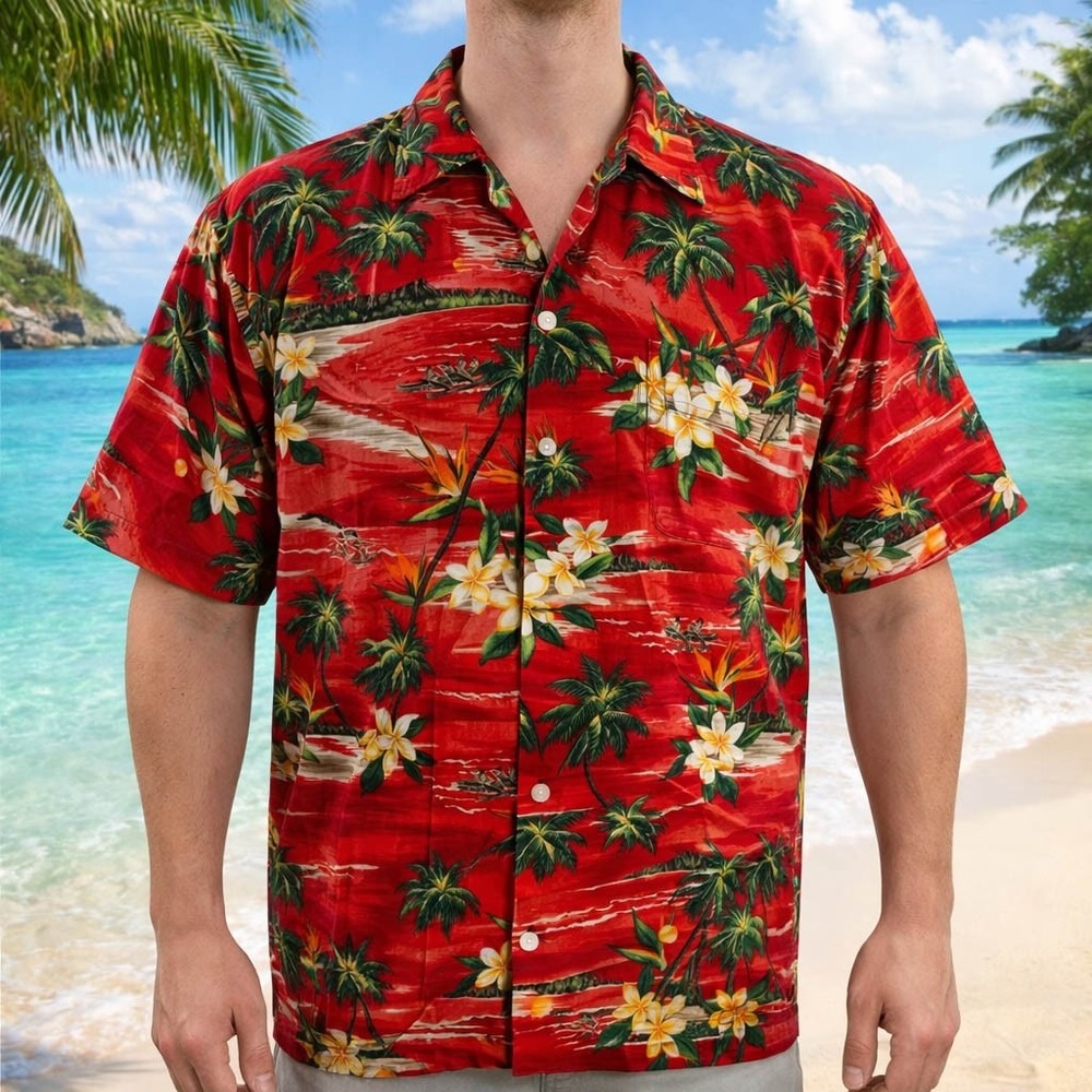 Hawaii Station Hawaiian Aloha Shirt 3XL Palms Bird Of Paradise Plumeria Flowers